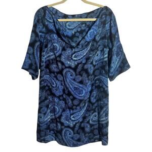 Gottex Top Women Blue Black Paisley 100% Silk Tunic Light Weight V Neck